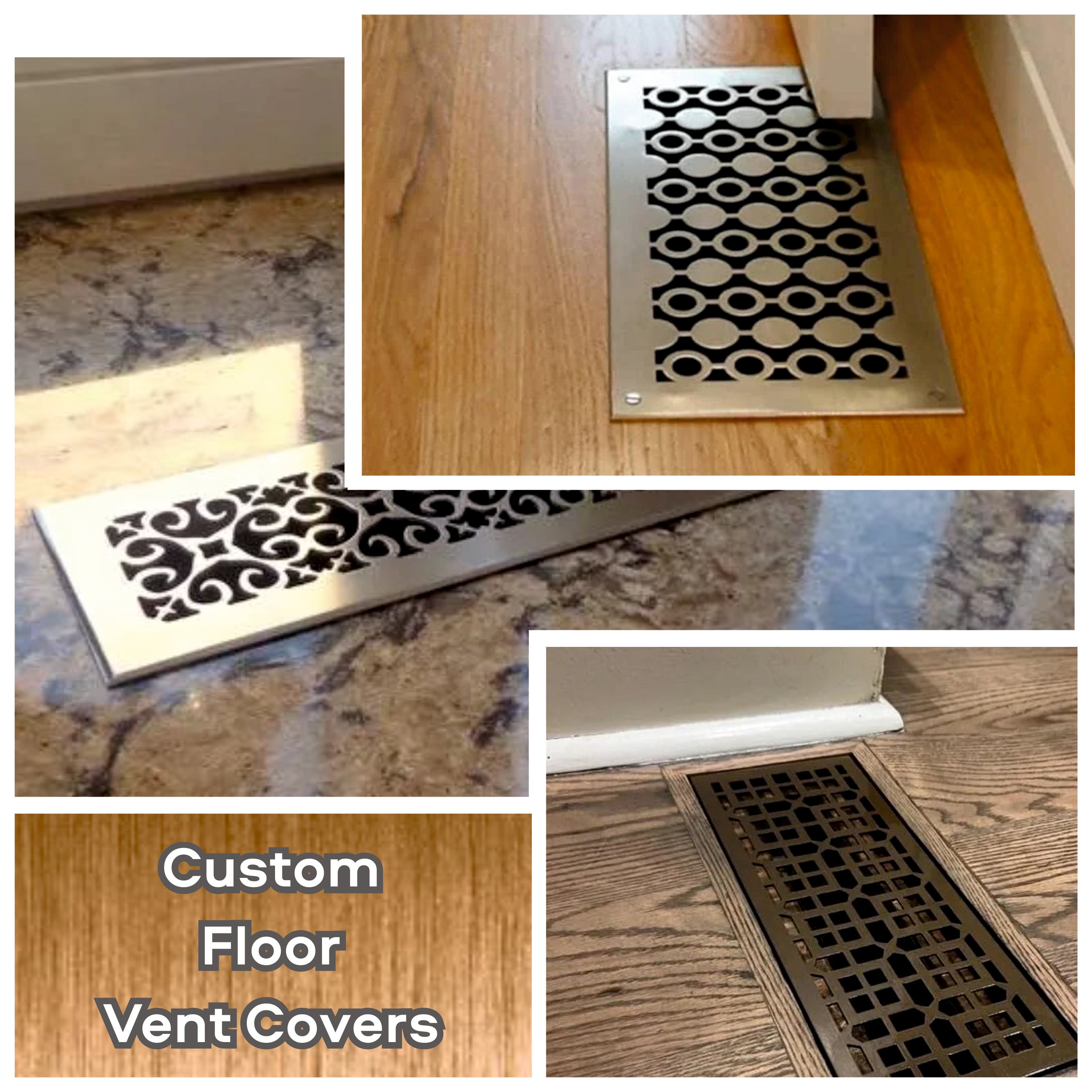 Collage of custom floor vent covers in various settings.