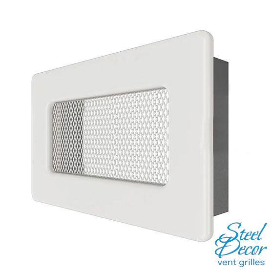 White custom vent cover with metal mesh on a white background, branded 'Steel Decor'.