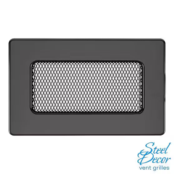 Rectangular black vent grille with mesh on a white background, branded 'Steel Decor'.