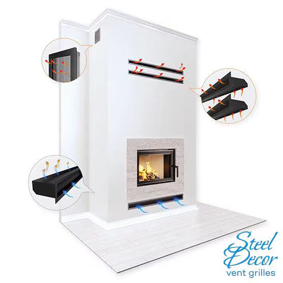 Model of a fireplace with Steel Decor vent grilles on a white background