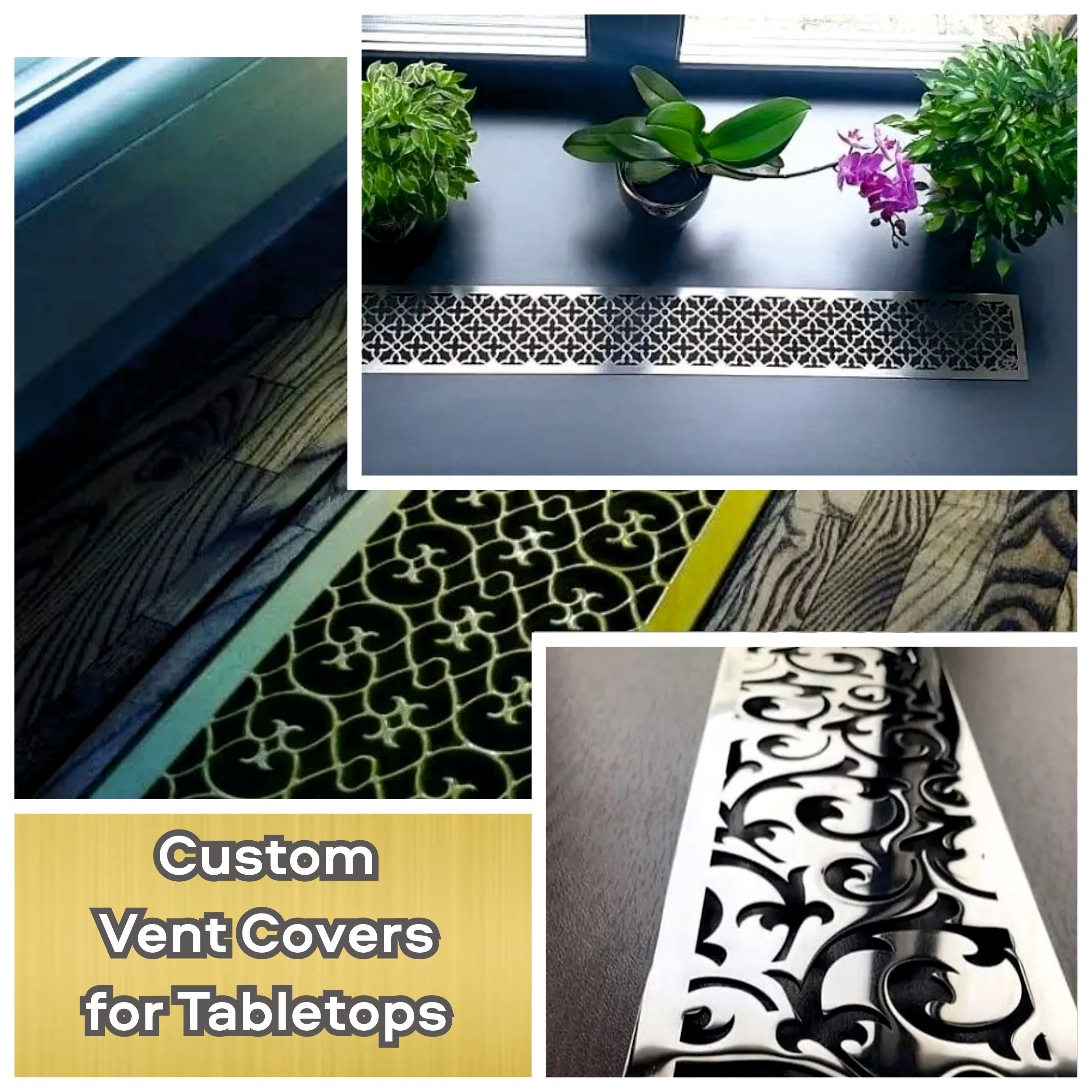 Collage of custom vent covers for tabletops with decorative patterns.