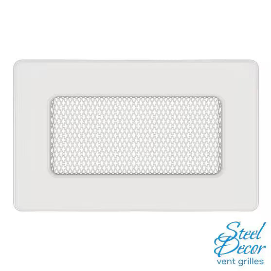 Rectangular white vent grille with metal mesh on a white background, branded 'Steel Decor'.