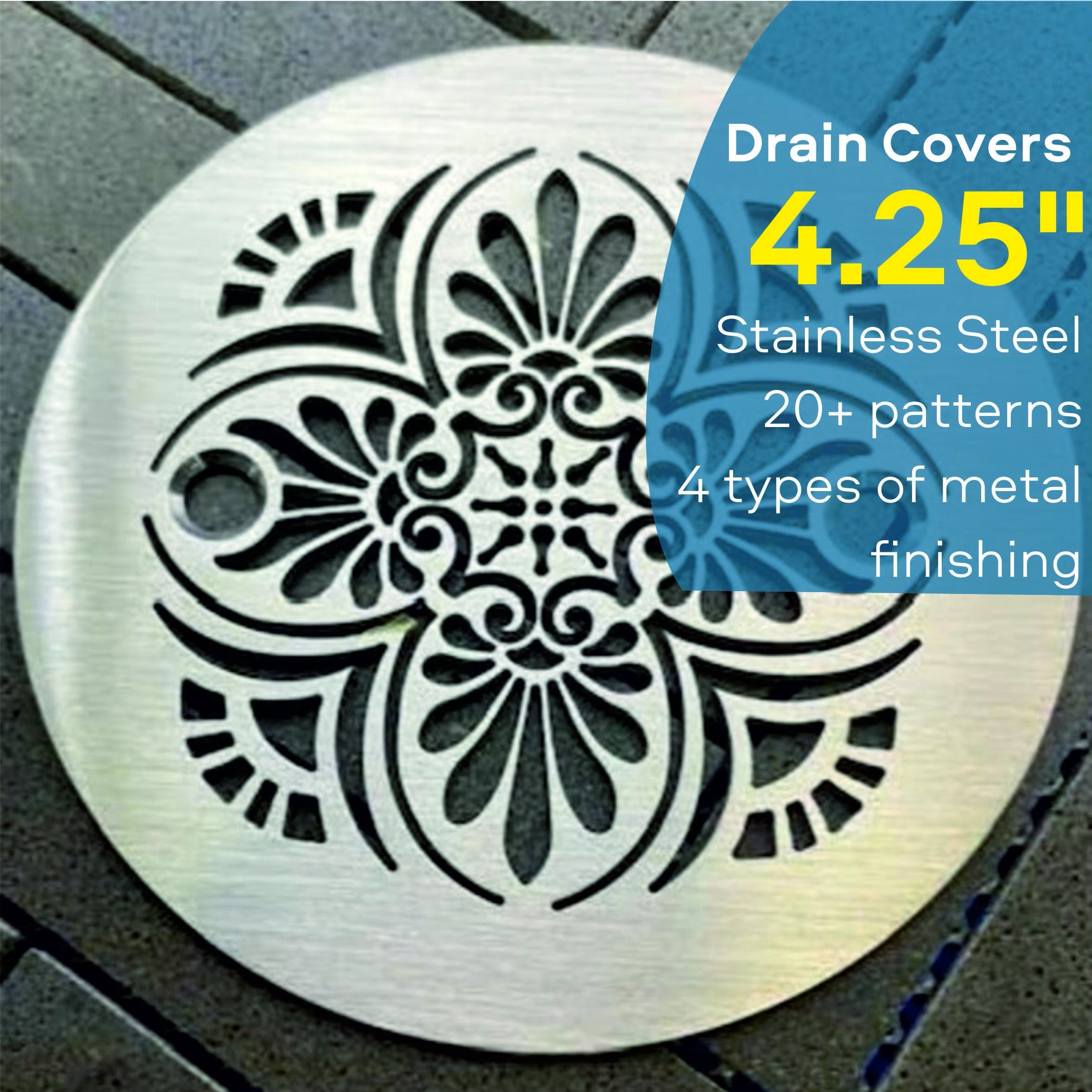 Decorative drain cover with intricate pattern on a tiled floor, featuring text about size and material options.