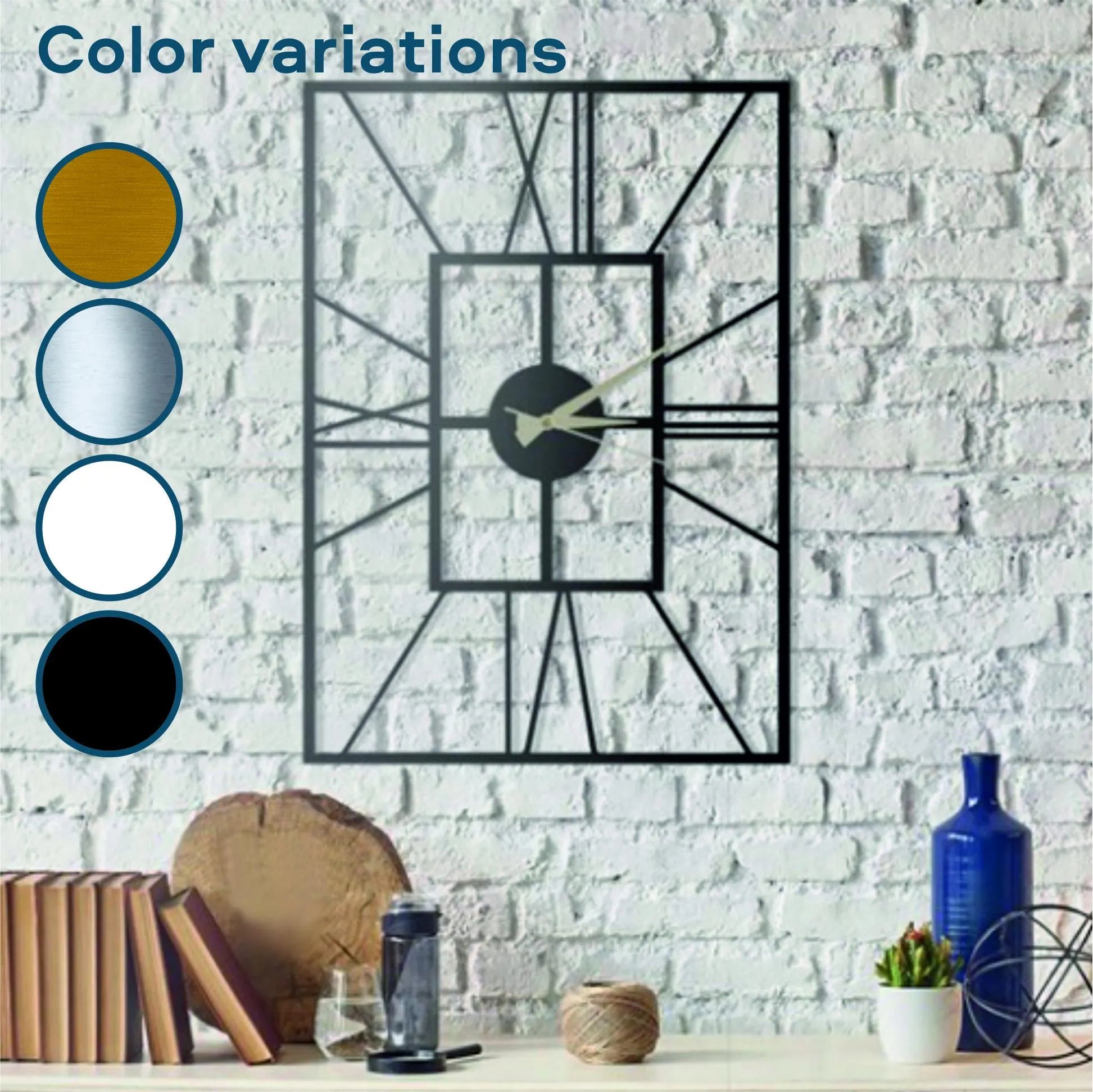 Decorative wall clock with color swatches on a white brick wall background