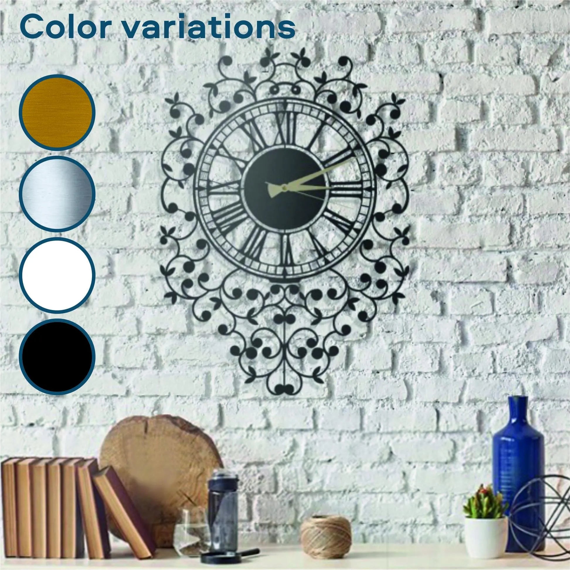 Decorative wall clock with color swatches on a white brick wall background