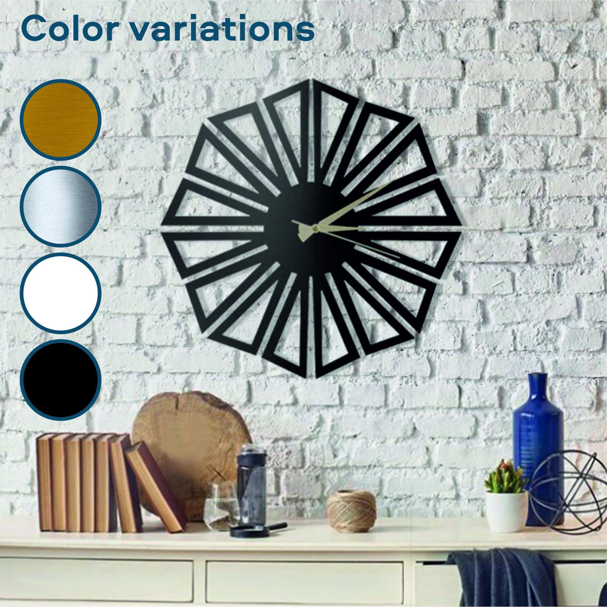Black geometric wall clock on a white brick wall with color swatches below.