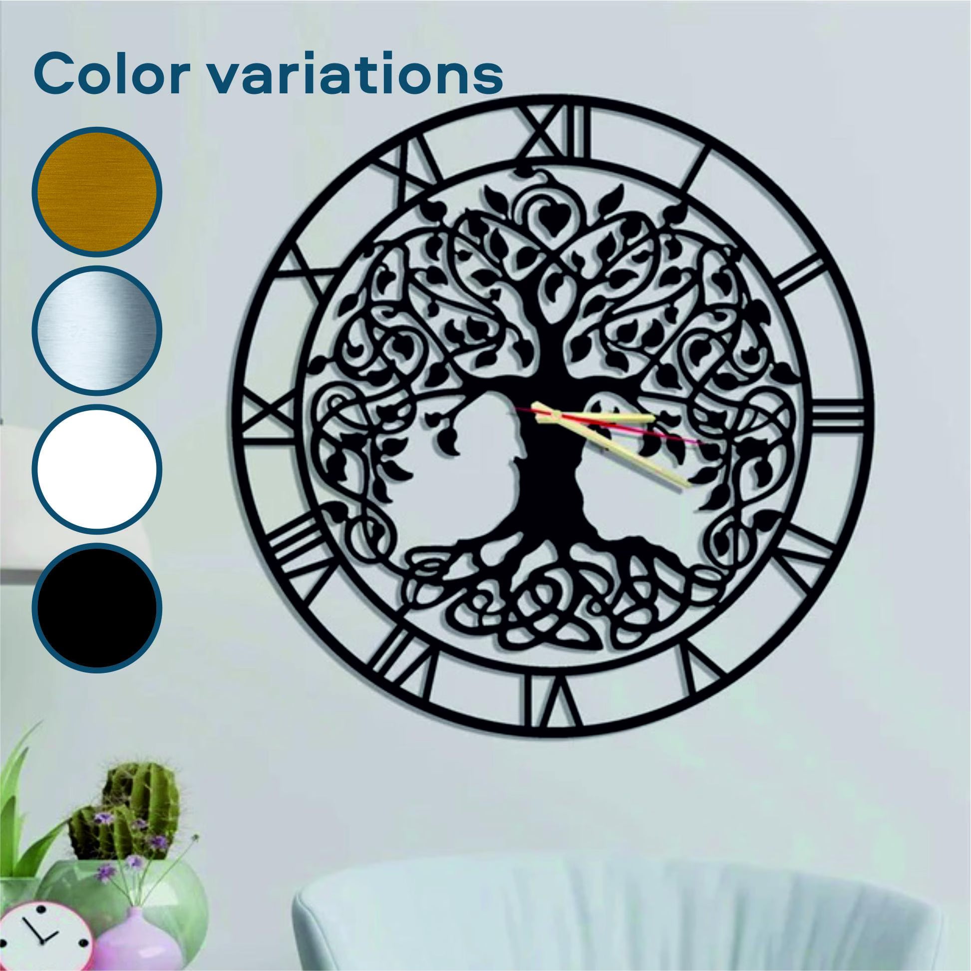 Decorative wall clock with tree design on a light gray background