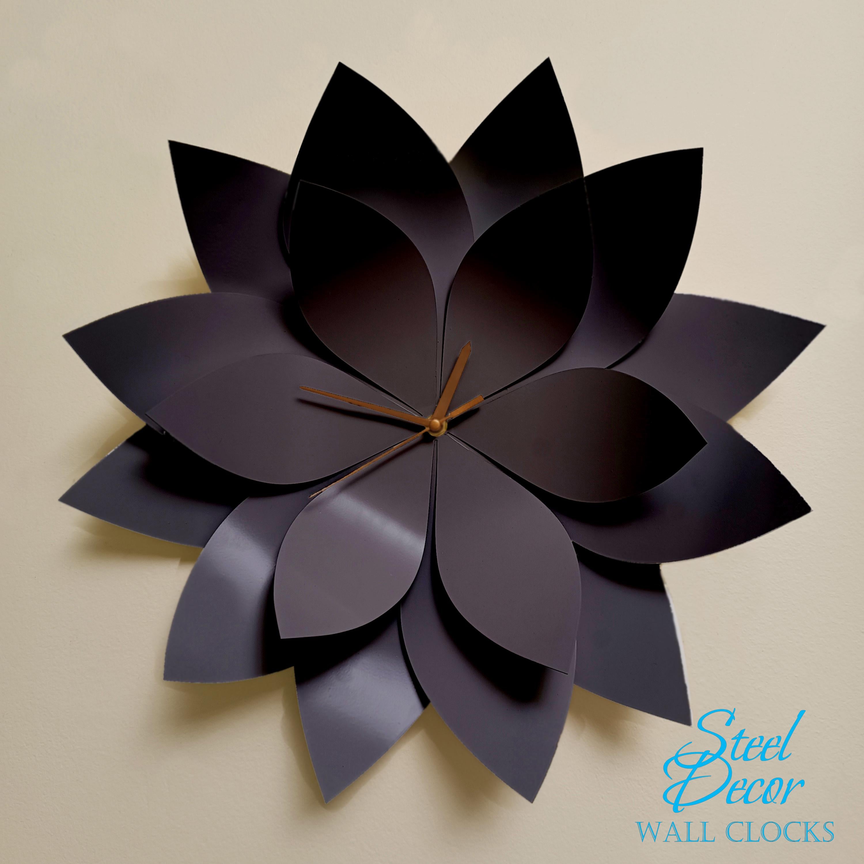 Floral wall clock with black petal design on a beige background, branded 'Steel Decor'.