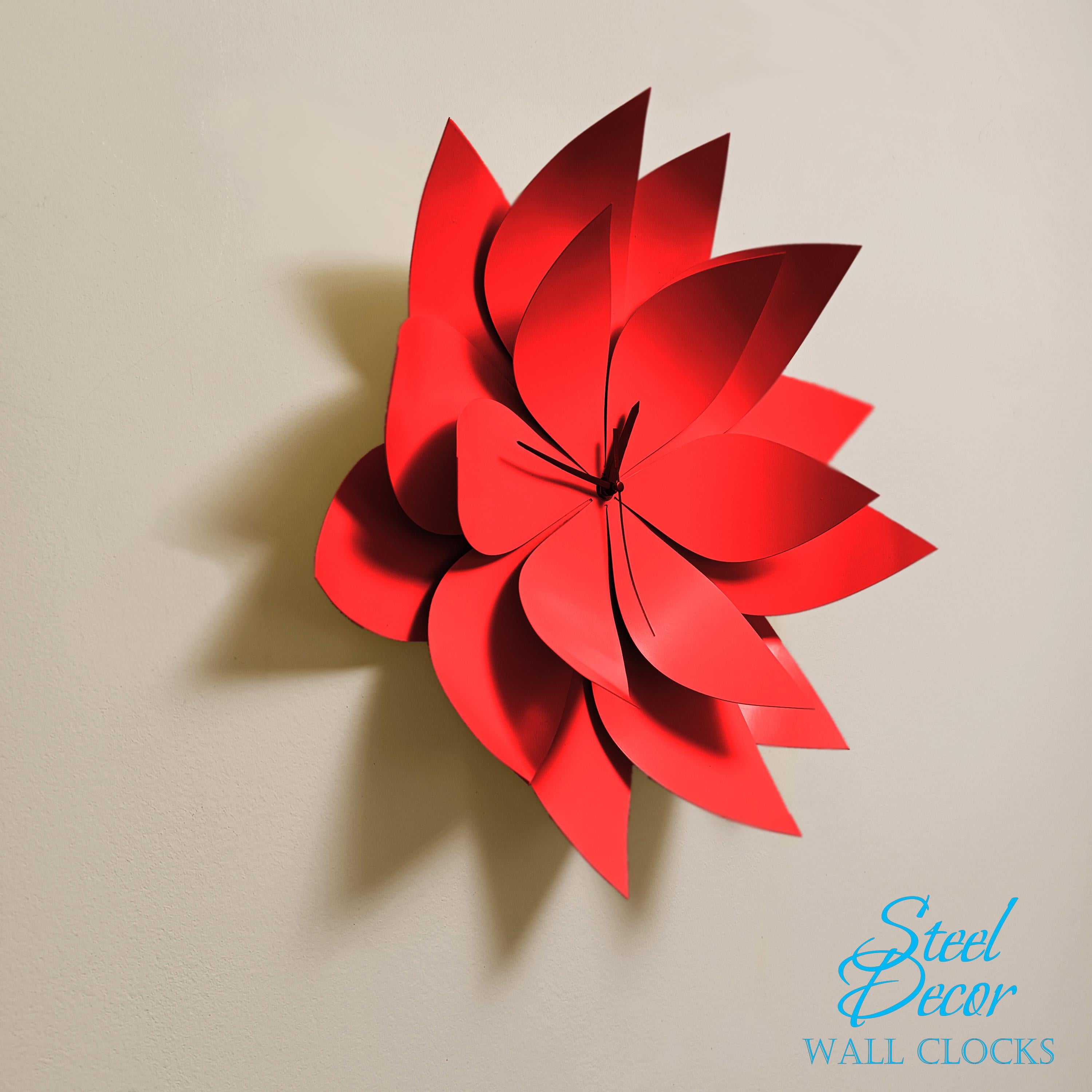Red flower-shaped wall clock on a beige background with 'Steel Decor' branding.