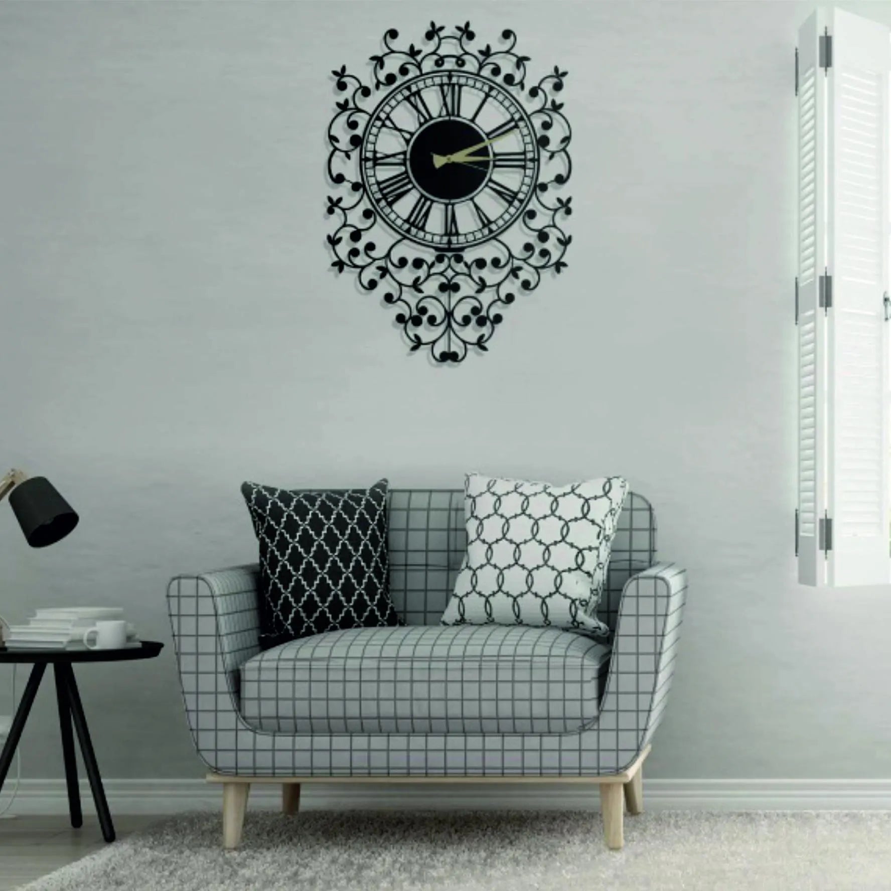 Living room with a decorative wall clock above a patterned armchair.