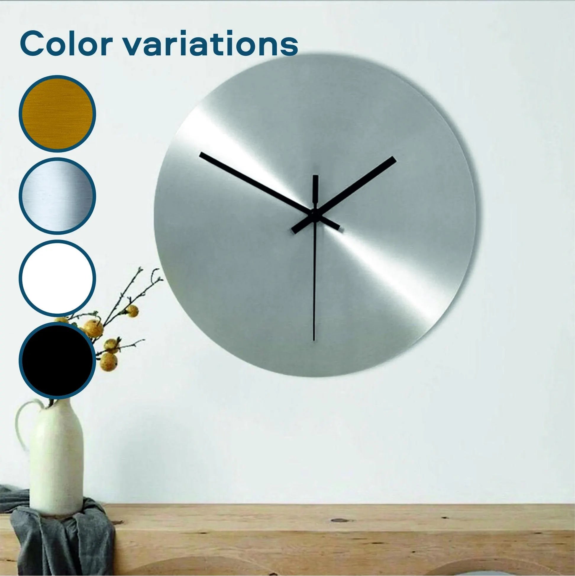 Silver wall clock with color swatches on a white background