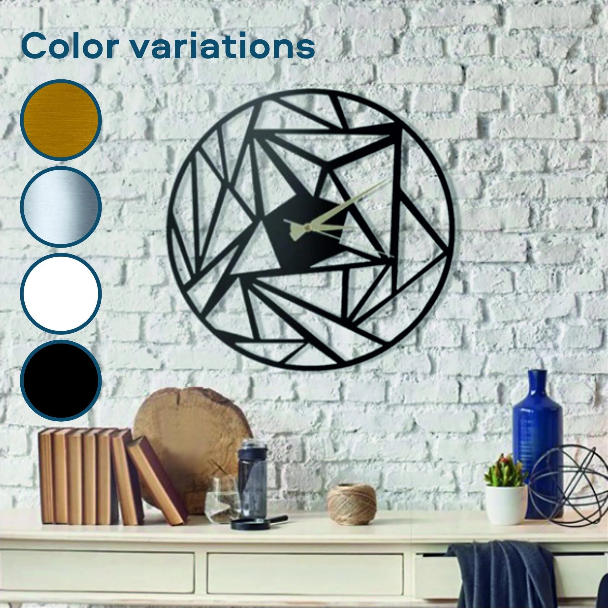 Geometric wall clock on a white brick wall with color swatches.