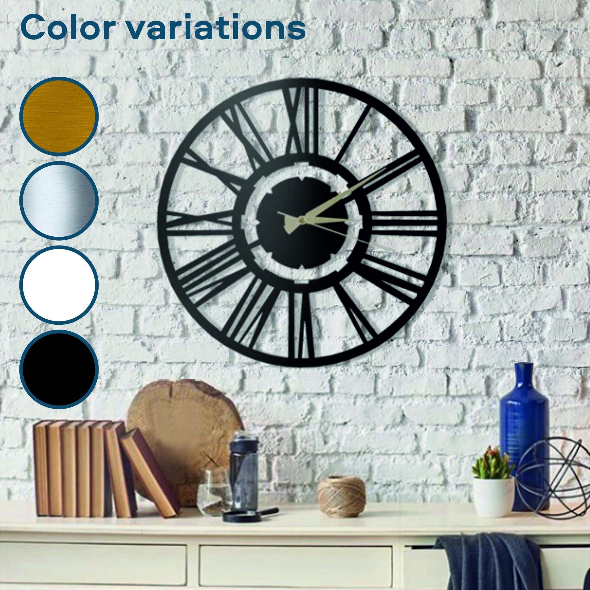 Black wall clock on a white brick wall with color swatches below.
