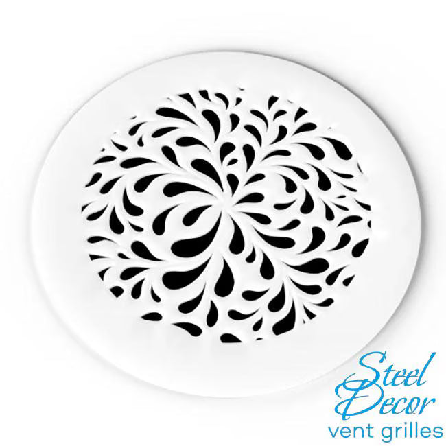 Decorative vent grille with black spiral pattern on a white background, branded 'Steel Decor'.
