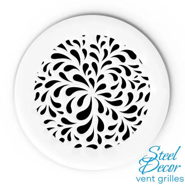 Decorative vent grille with black spiral pattern on a white background, branded 'Steel Decor'.